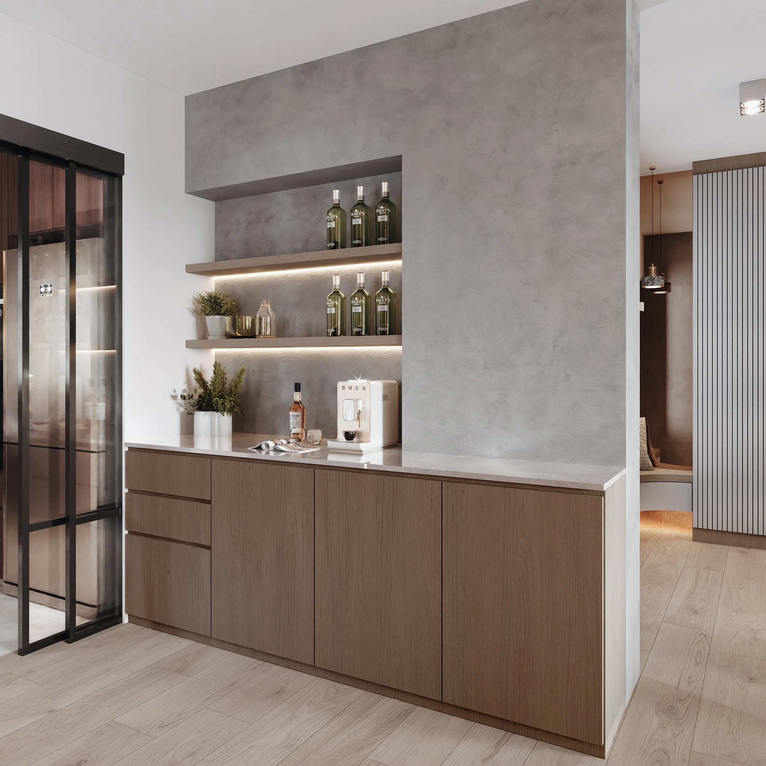 Modern residential pantry area with clean cabinetry and functional storage design