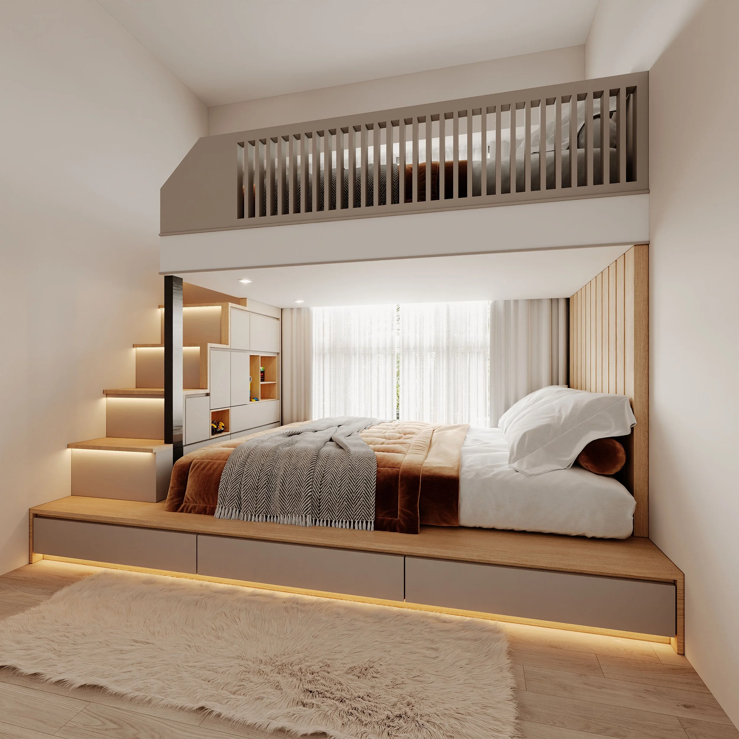 Contemporary residential bedroom with warm and minimalist interior styling