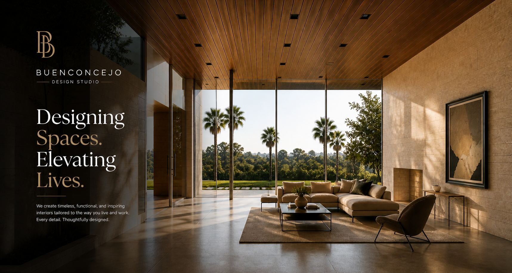 Modern living room with large glass windows showing a view of palm trees and greenery, featuring a beige sectional sofa, a black armchair, a coffee table, and artwork on the wall.