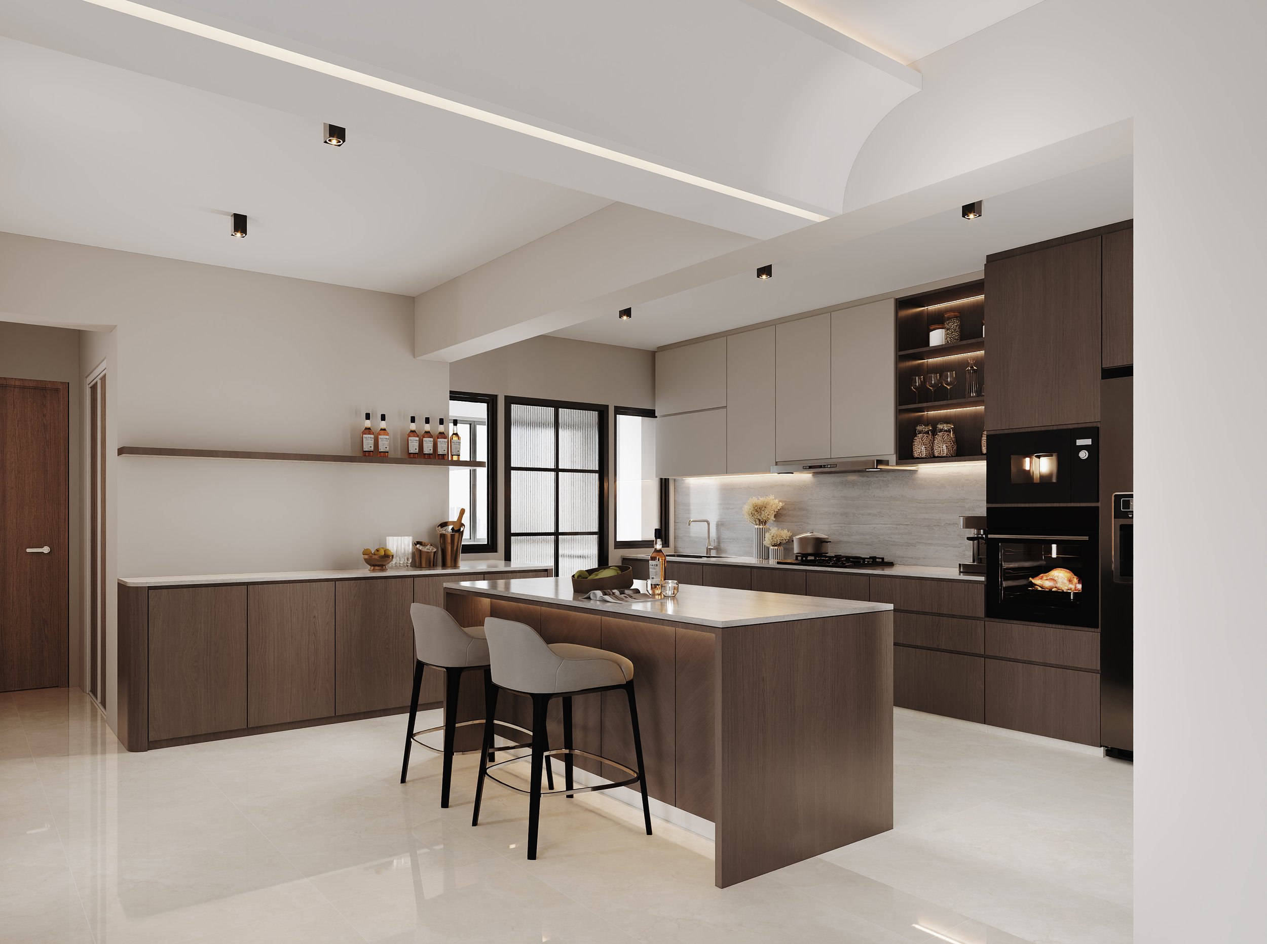 Modern residential kitchen interior with clean cabinetry and marble countertop