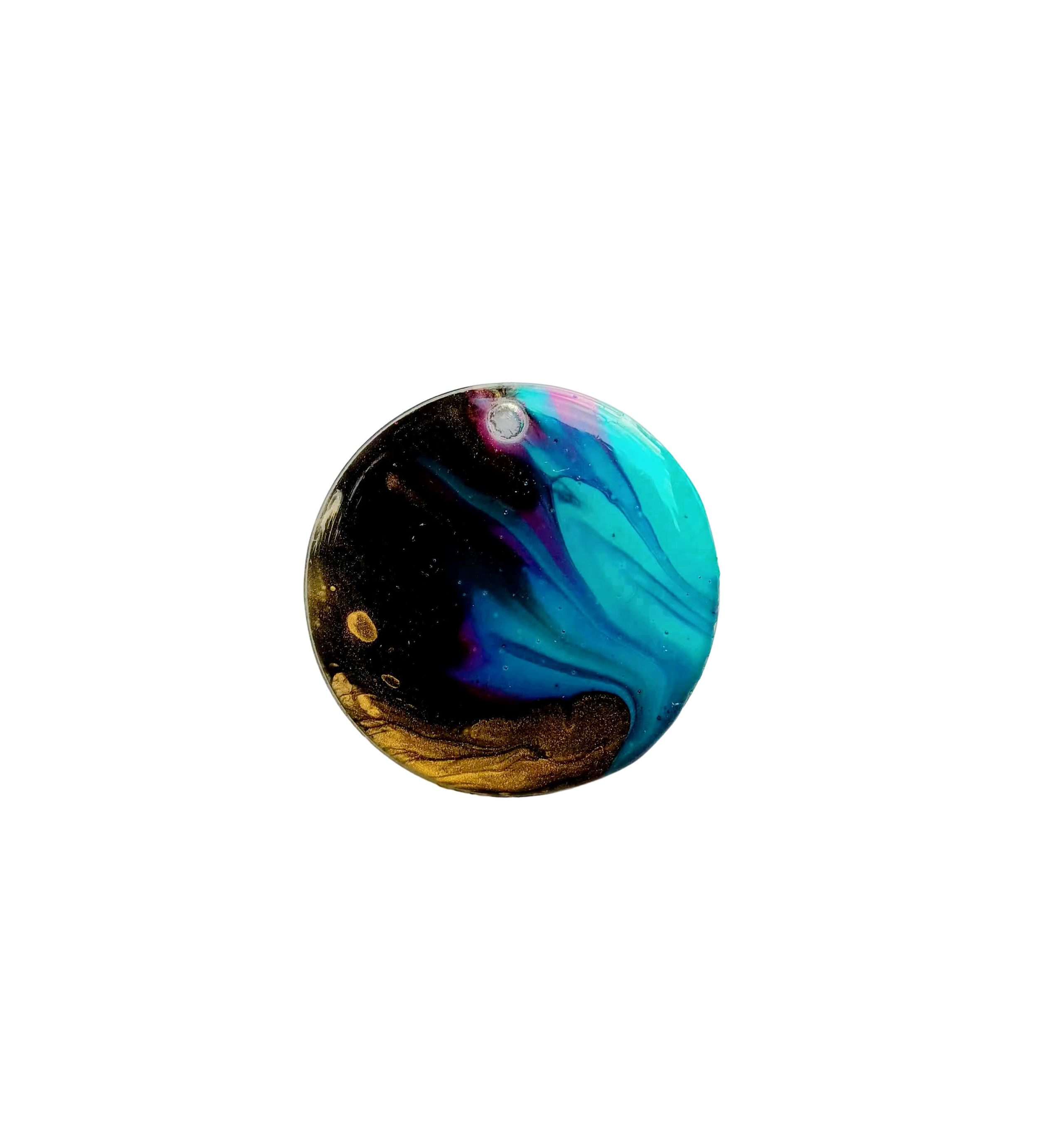 Colorful marble with swirling blue, pink, and gold patterns on a black background.