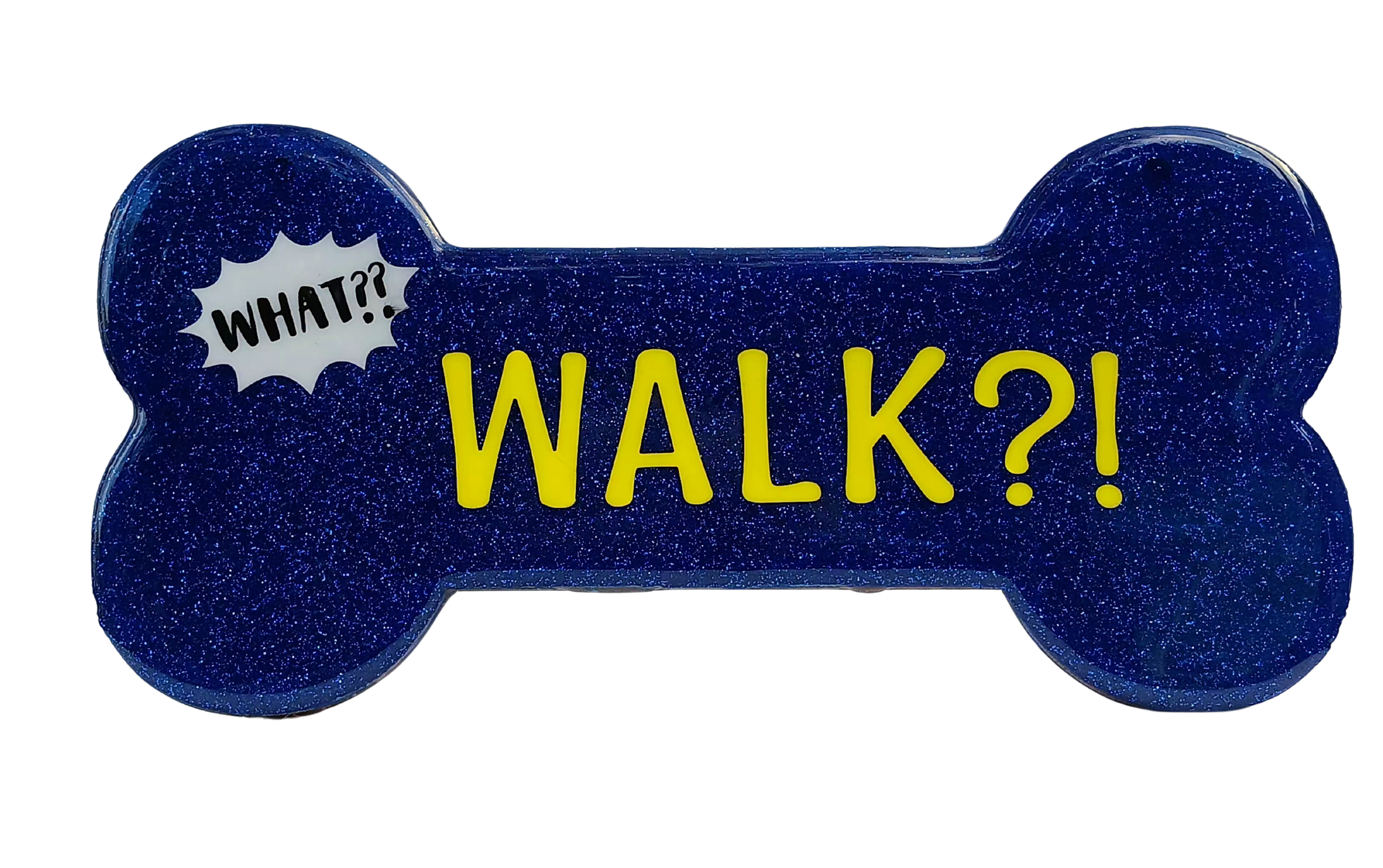 A sticker shape resembling a speech bubble shaped like a bone with a dark blue glittery background. It features yellow text reading 'WALK?!' and a white burst shape with black text 'WHAT!?'.