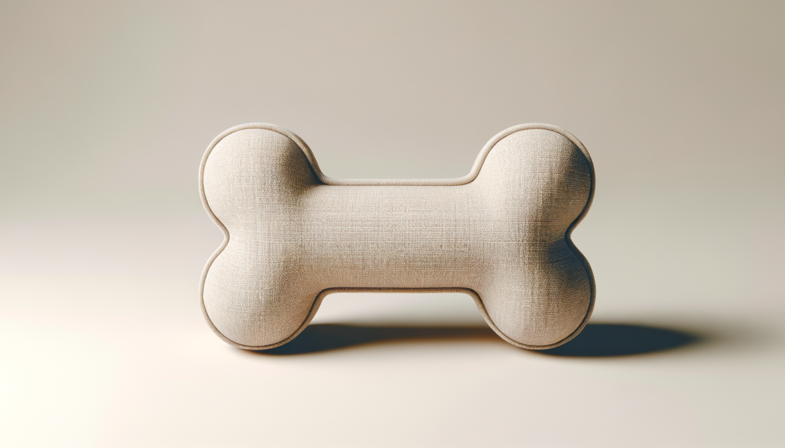 A beige, fabric-covered dog bone-shaped pet toy on a neutral background.