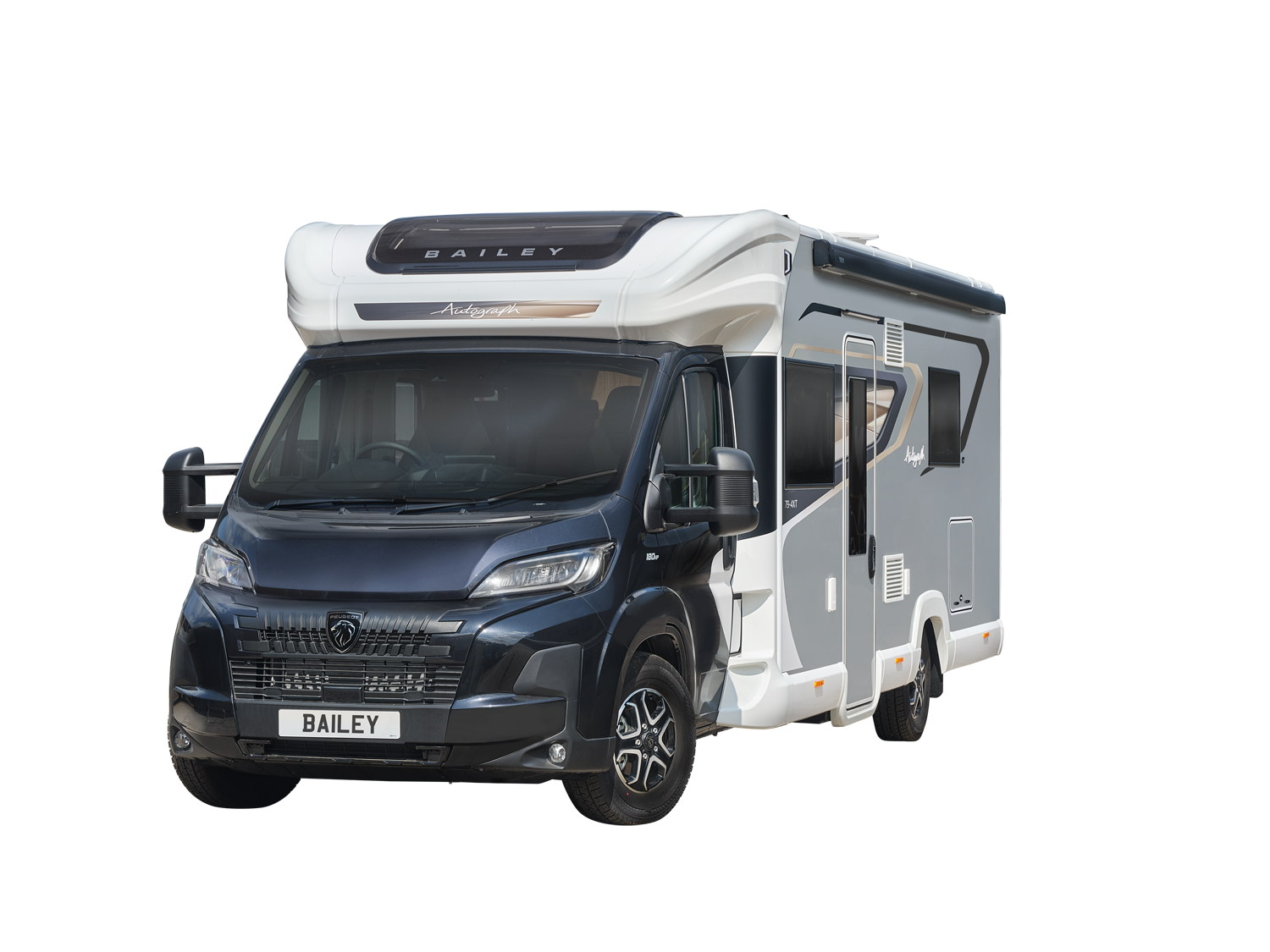 A modern Bailey motorhome with a black front cab and a white and gray living area, parked outdoors.