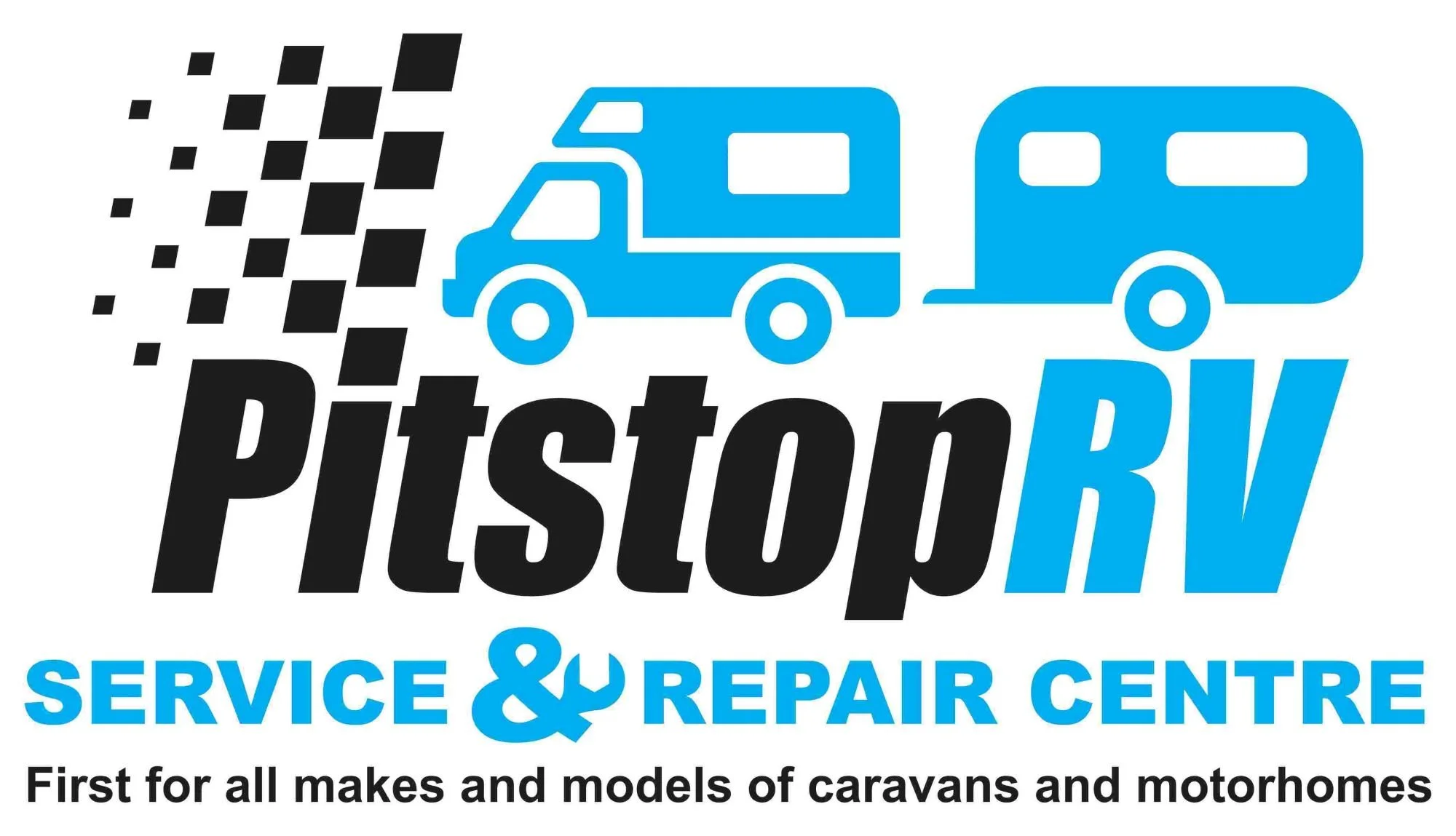 Logo for Piston RV Service & Repair Centre featuring a blue RV and truck, with the business name in bold black and blue text, and a tagline about servicing all makes and models of caravans and motorhomes.
