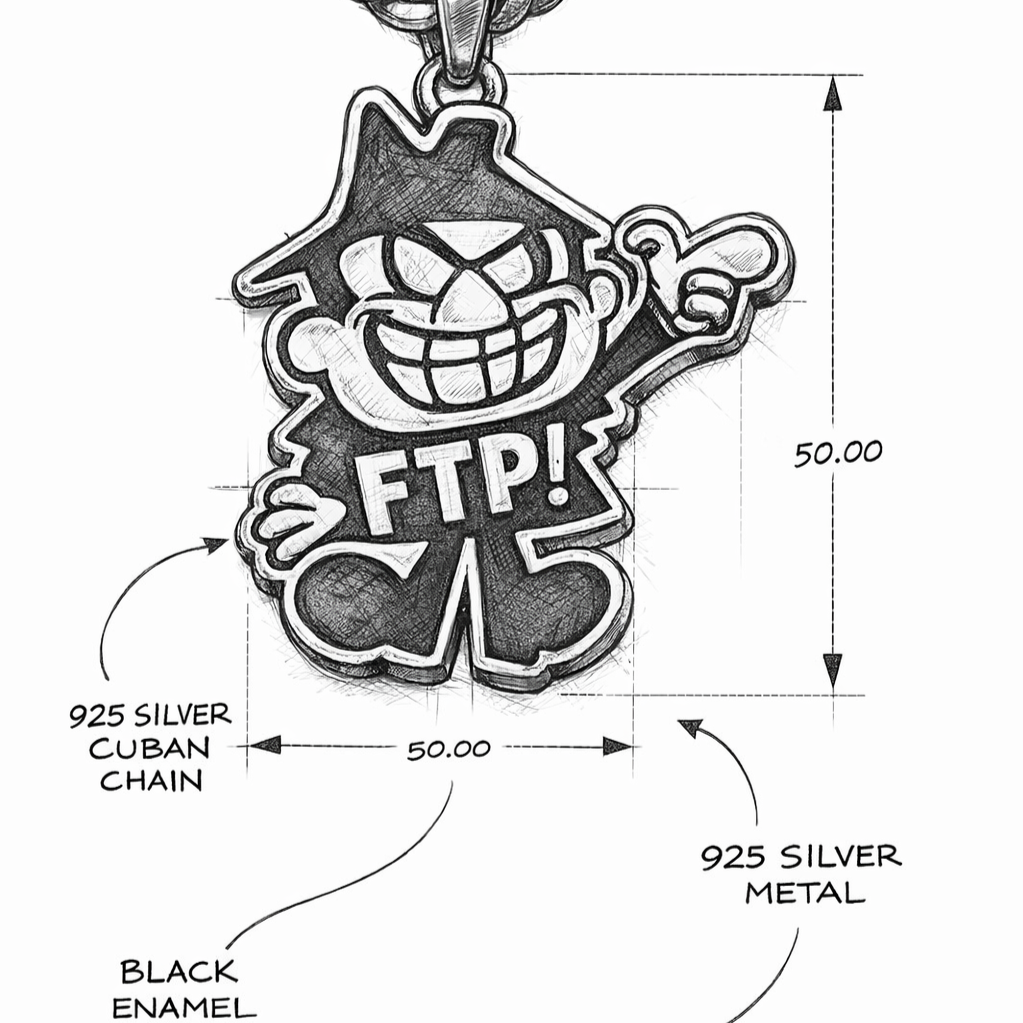 A cartoon-style metal keychain with a character pointing and smiling, labeled 'FTP!'. The keychain is made of 925 silver metal with a black enamel filling, attached to a 925 silver Cuban chain, and measures 50mm by 50mm.
