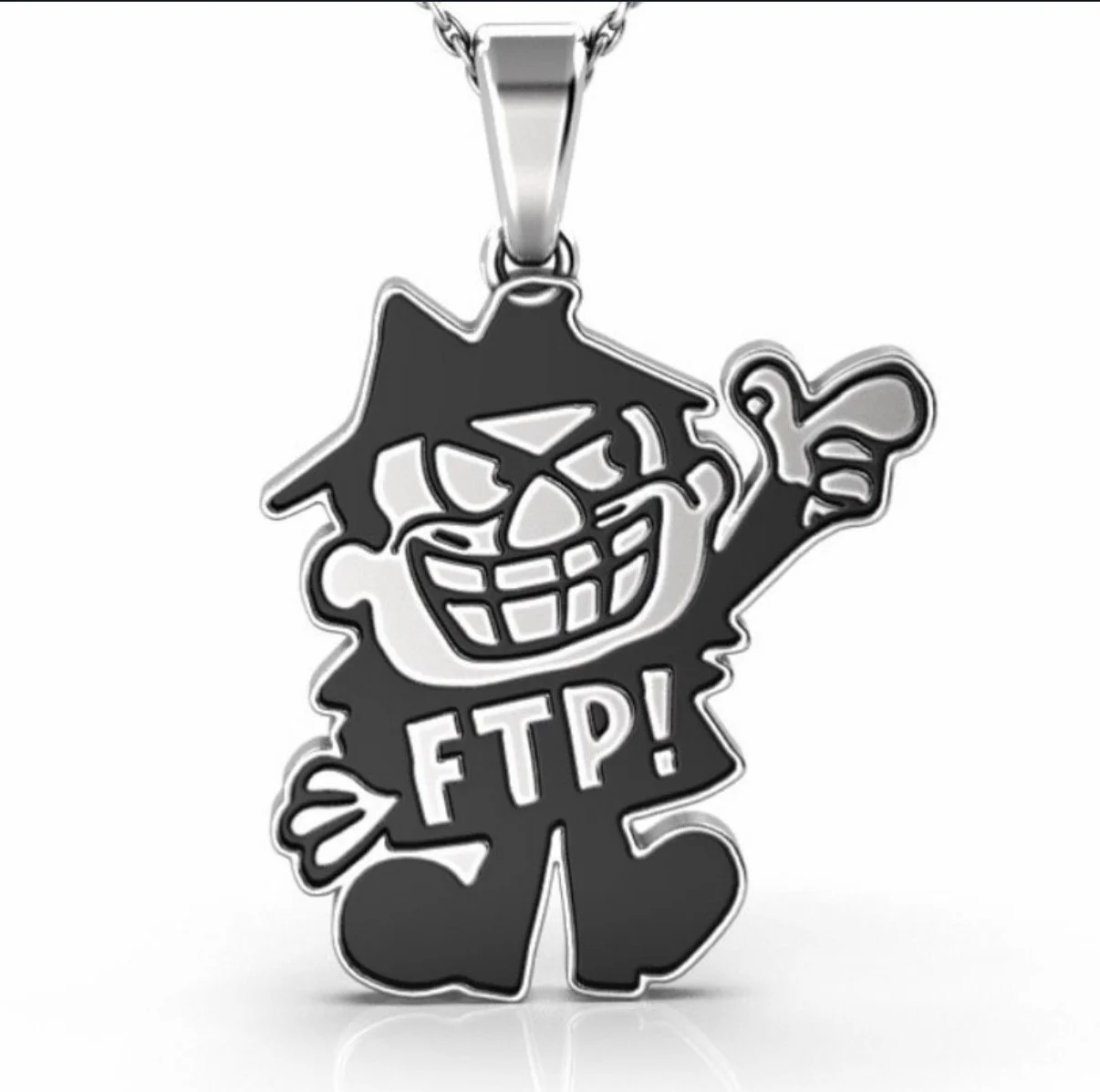 A pendant featuring a cartoonish, mischievous character with a wide grin, wearing a hat and holding a sign that says 'FTP!'