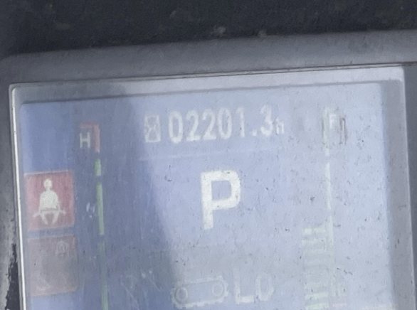 Close-up of a vehicle dashboard display showing parking status, with a large letter 'P' and numerical data, and some icons on the left side.
