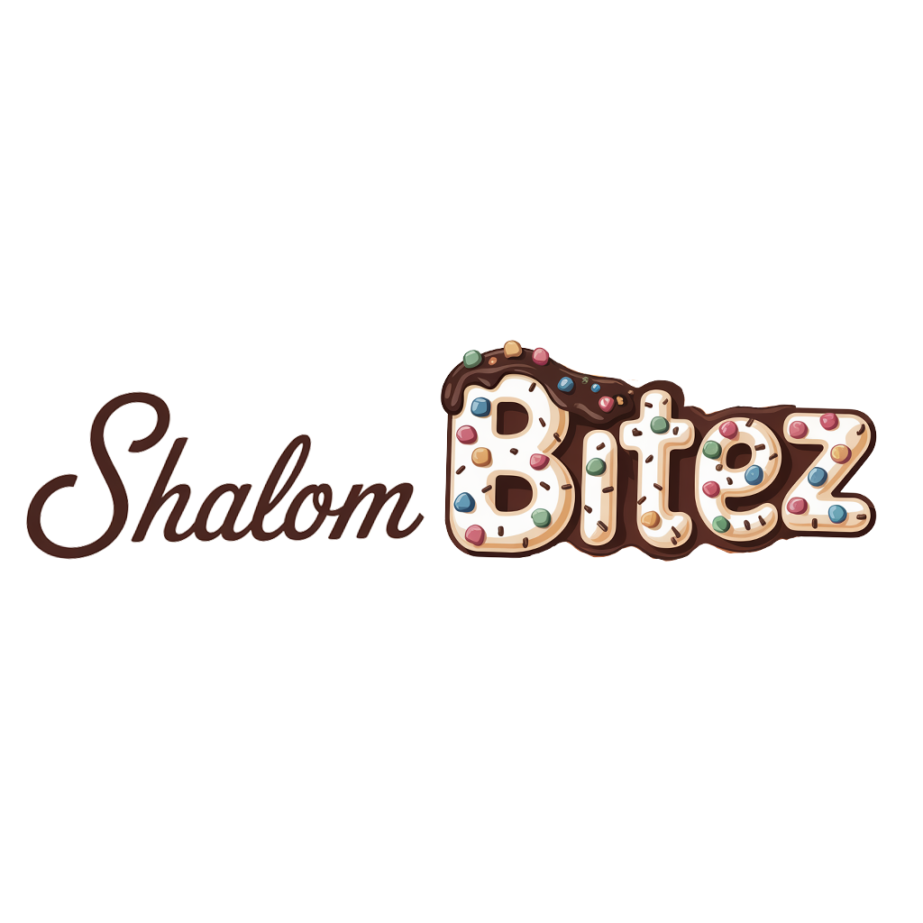 Graphic design with the words 'Shalom Bitez' in stylized text, where 'Bitez' is shaped like a cookie with colorful sprinkles and chocolate icing.