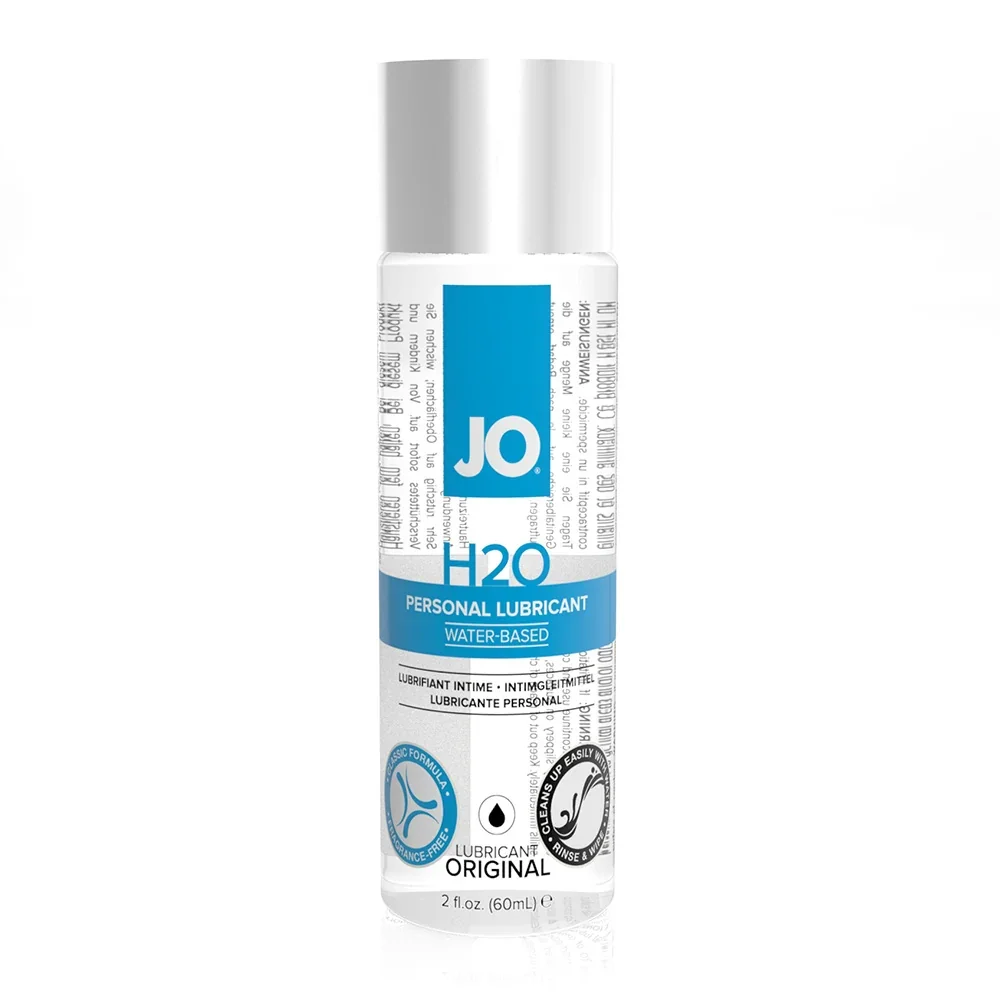 A bottle of JO H2O personal lubricant, water-based, with a white and blue label and silver cap.