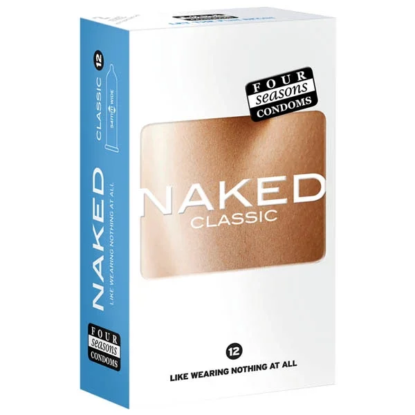 Box of Naked Classic condoms with 12 condoms inside, labeled as four seasons condoms, with the tagline 'Like wearing nothing at all'.