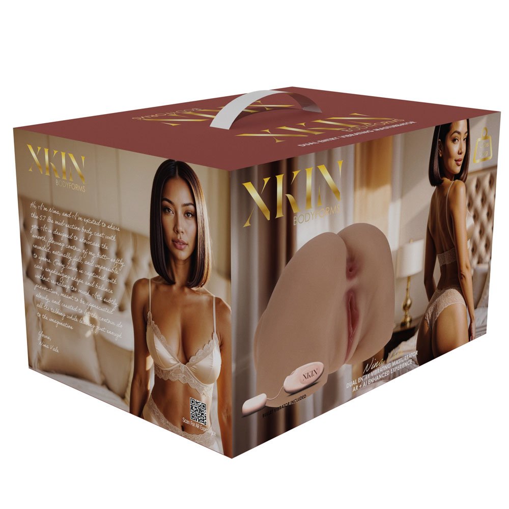 A retail box for XIN luxury adult toy featuring a woman in lingerie on the packaging and an image of the product, which appears to be a realistic sex toy.