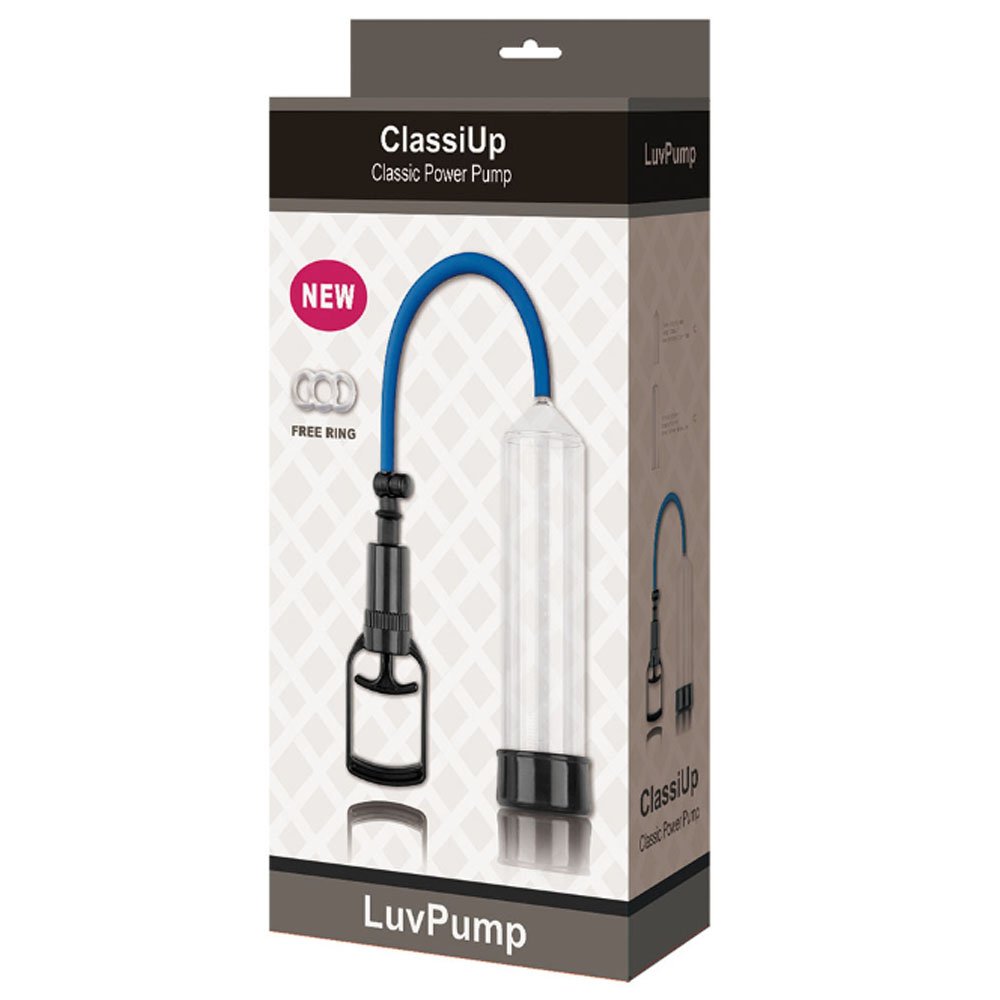 Packaging box for LuvPump Classic Power Pump with a clear tubing connected to a pump and ring, featuring a black and gray design.
