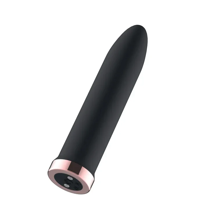 A black, cylindrical object with a metallic rose gold ring at one end, possibly a personal care device or fitness equipment.