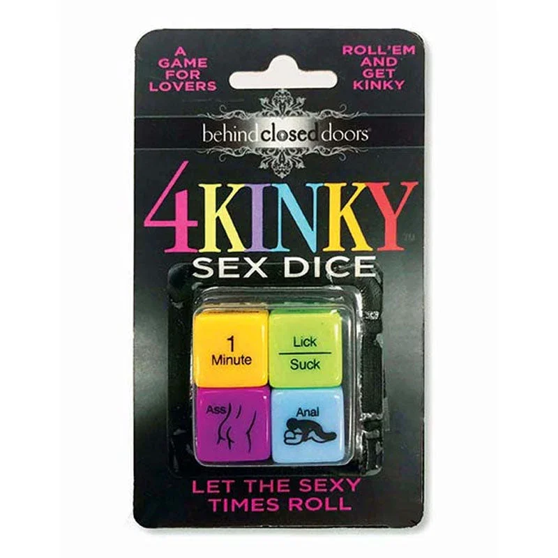 Packaging of a adult novelty toy called '4 Kinky Sex Dice' with four colorful dice labeled with sexual actions and positions, with text promoting it as a game for lovers.