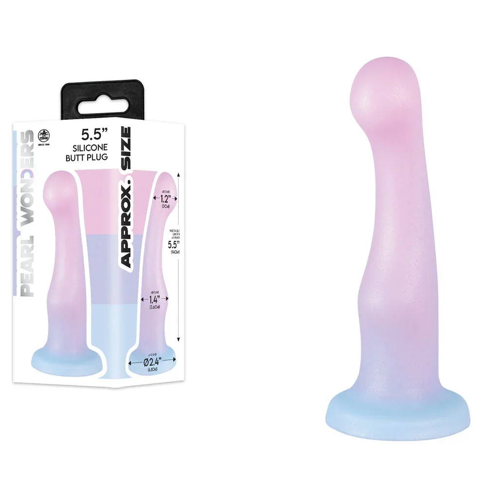A pink and blue silicone butt plug with markup and packaging showing approximately 5.5 inches in length.