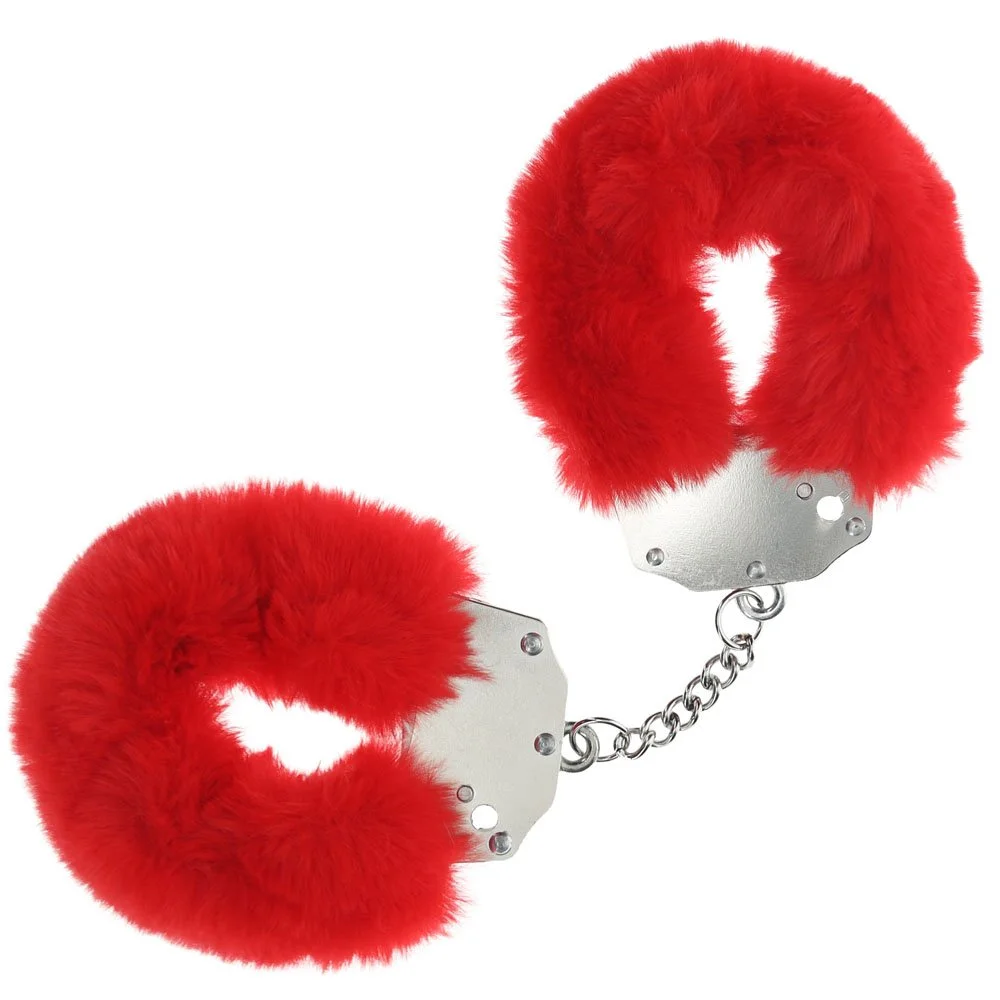 Red fuzzy wrist cuffs connected with a metal chain