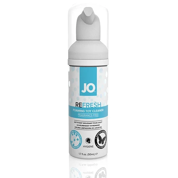 A can of Jo Refresh Foaming Toy Cleaner with a white cap and blue and white label