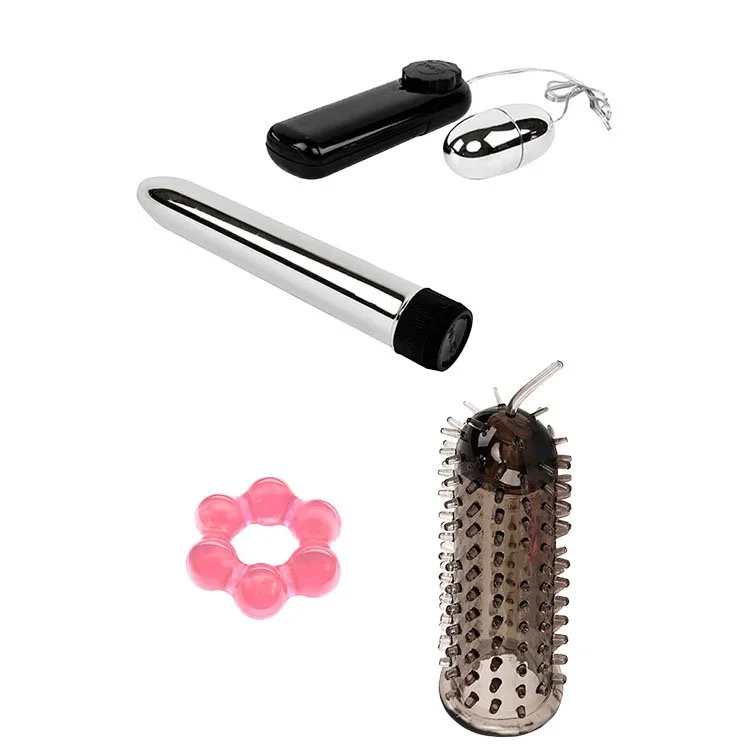 Collection of adult miscellaneous items on white background, including a vibrating wand, a bullet vibrator, a clitoral stimulator, a pink finger ring, a black device in a case, and a black spiky vibrator.
