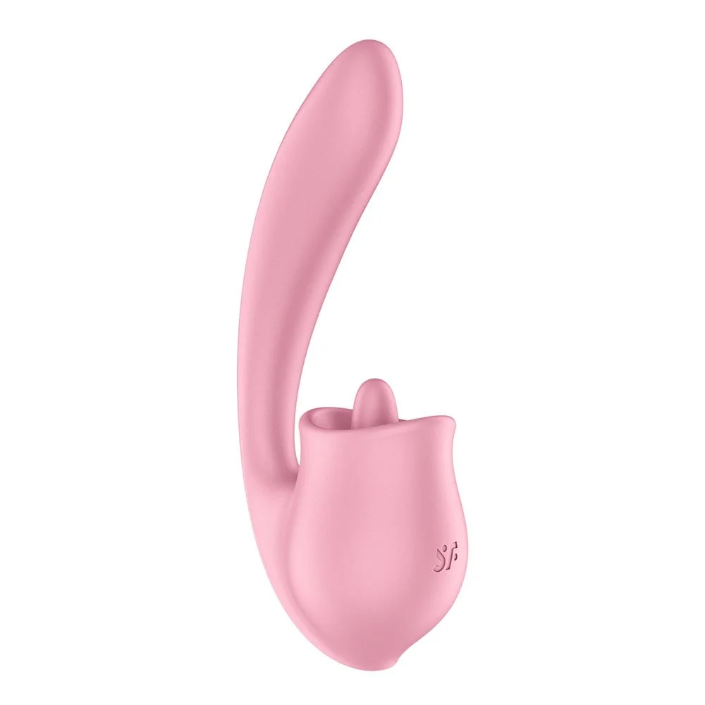 Pink dual-motor vibrator with a curved design and a bulbous base.