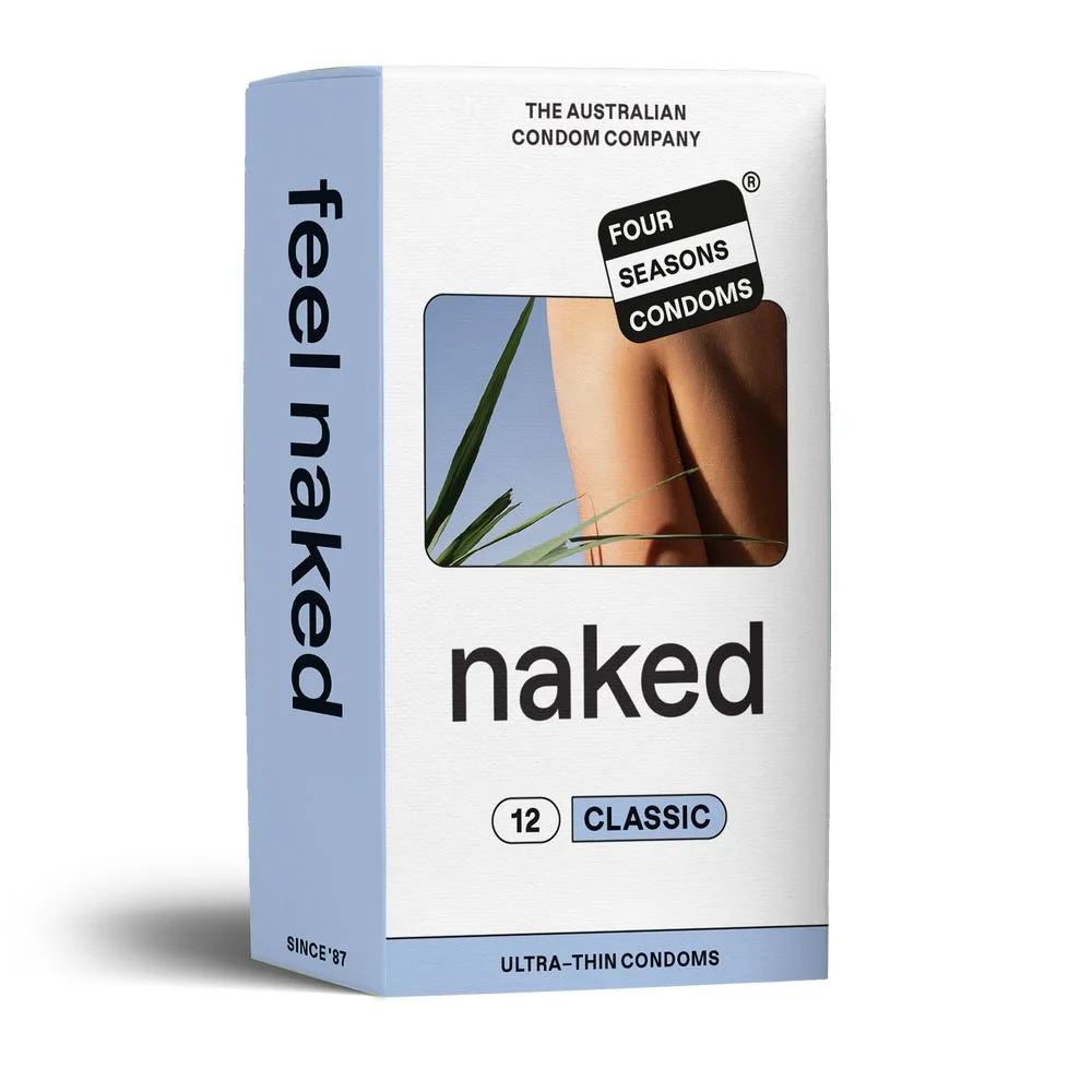 Box of Naked brand ultra-thin condoms, labeled as 'Classic', containing 12 condoms, with an image of a person's body and some plants on the packaging.