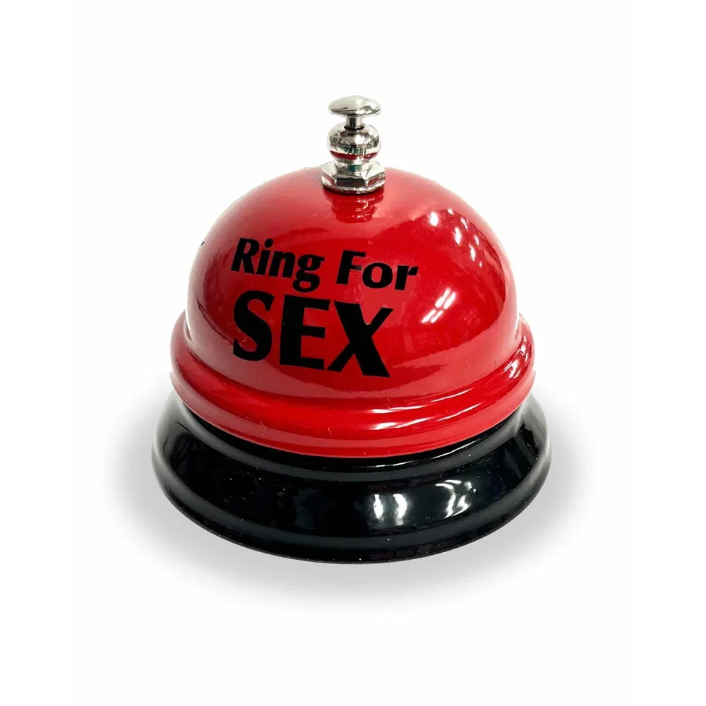 A red novelty bell with the words 'Ring For SEX' printed on it in black text.