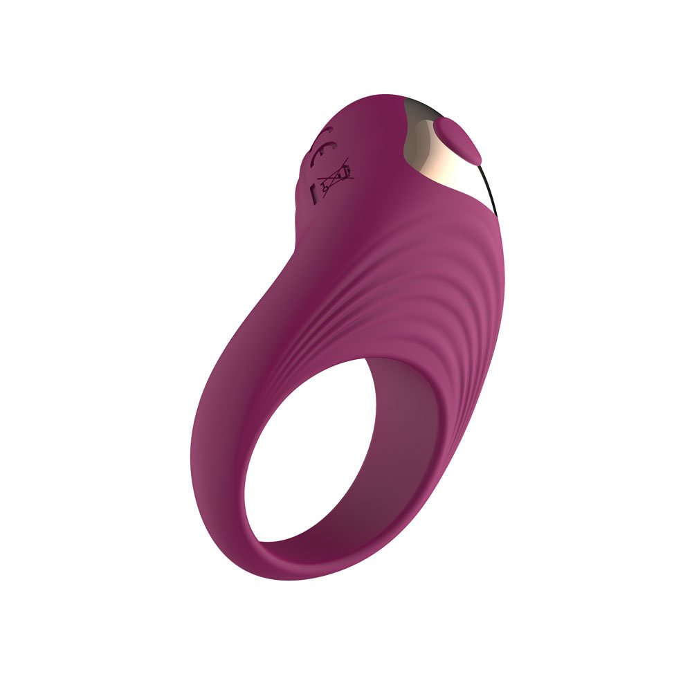 A purple silicone ring with a built-in vibrating motor and control button.