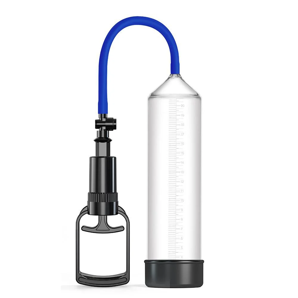 A laboratory mixing device with a transparent graduated cylinder connected to a handle and a blue rubber tube.