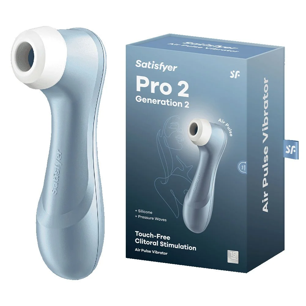 A light blue handheld personal massager with a round head, next to a matching blue box labeled 'Satisfyer Pro 2 Generation 2' featuring illustrations and text about its features.