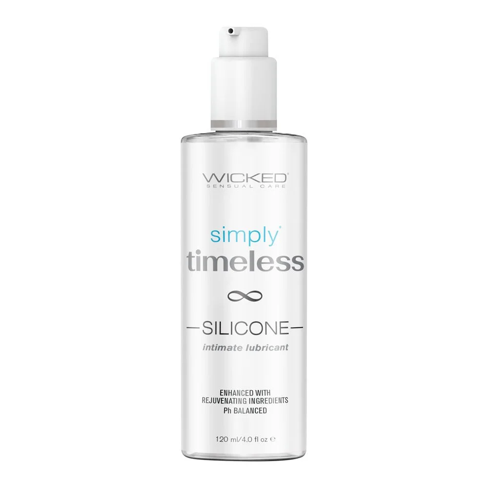 A bottle of WICKED Sensual Care Simply Timeless Silicone Intimate Lubricant with a spray nozzle.