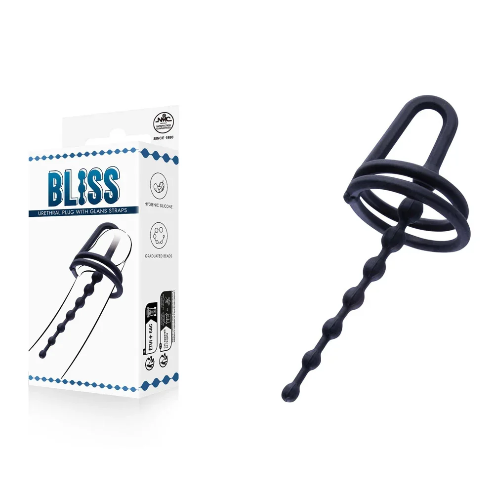 Black silicone urethral plug with beads and loop on a white background, package labeled 'Bliss' with product details.