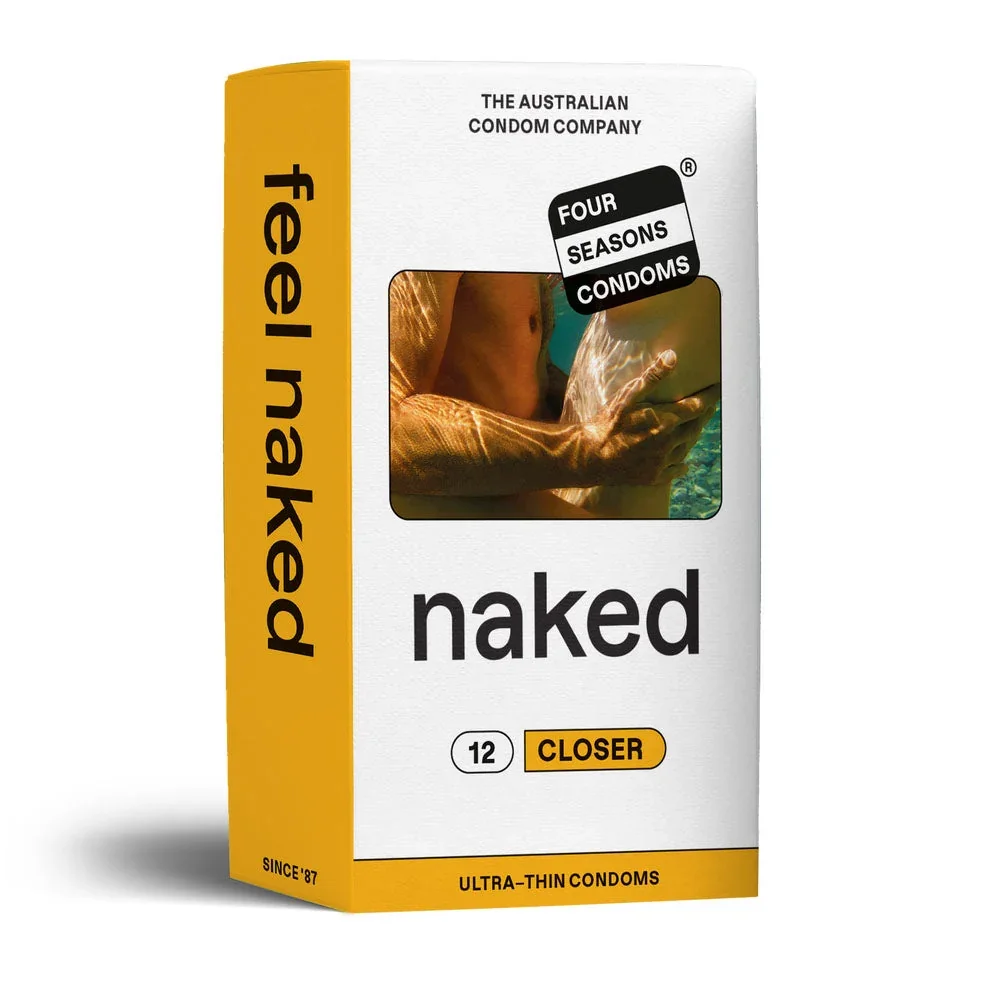 A box of Naked brand ultra-thin condoms called 'Closer' with the label 'Four Seasons Condoms' and the slogan 'Since '87'.