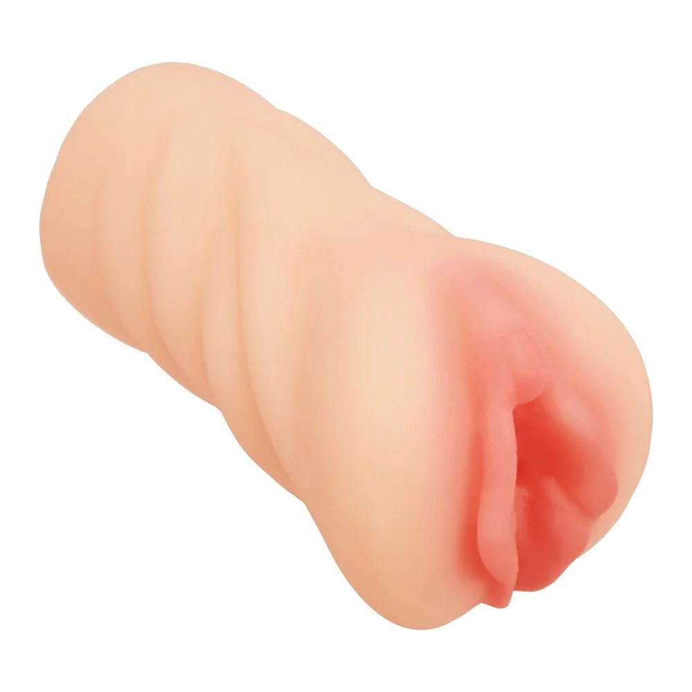 A realistic, flesh-colored silicone sex toy resembling a male genitalia with an opening at the end.
