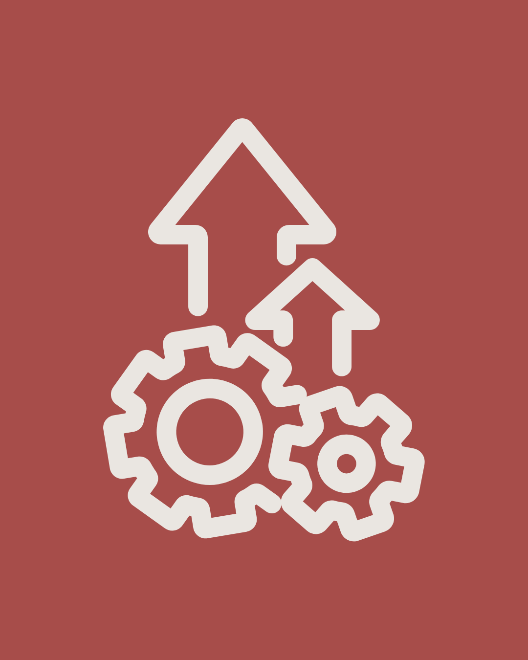 Icon of two gears with arrows pointing upward, representing technology or process improvement.
