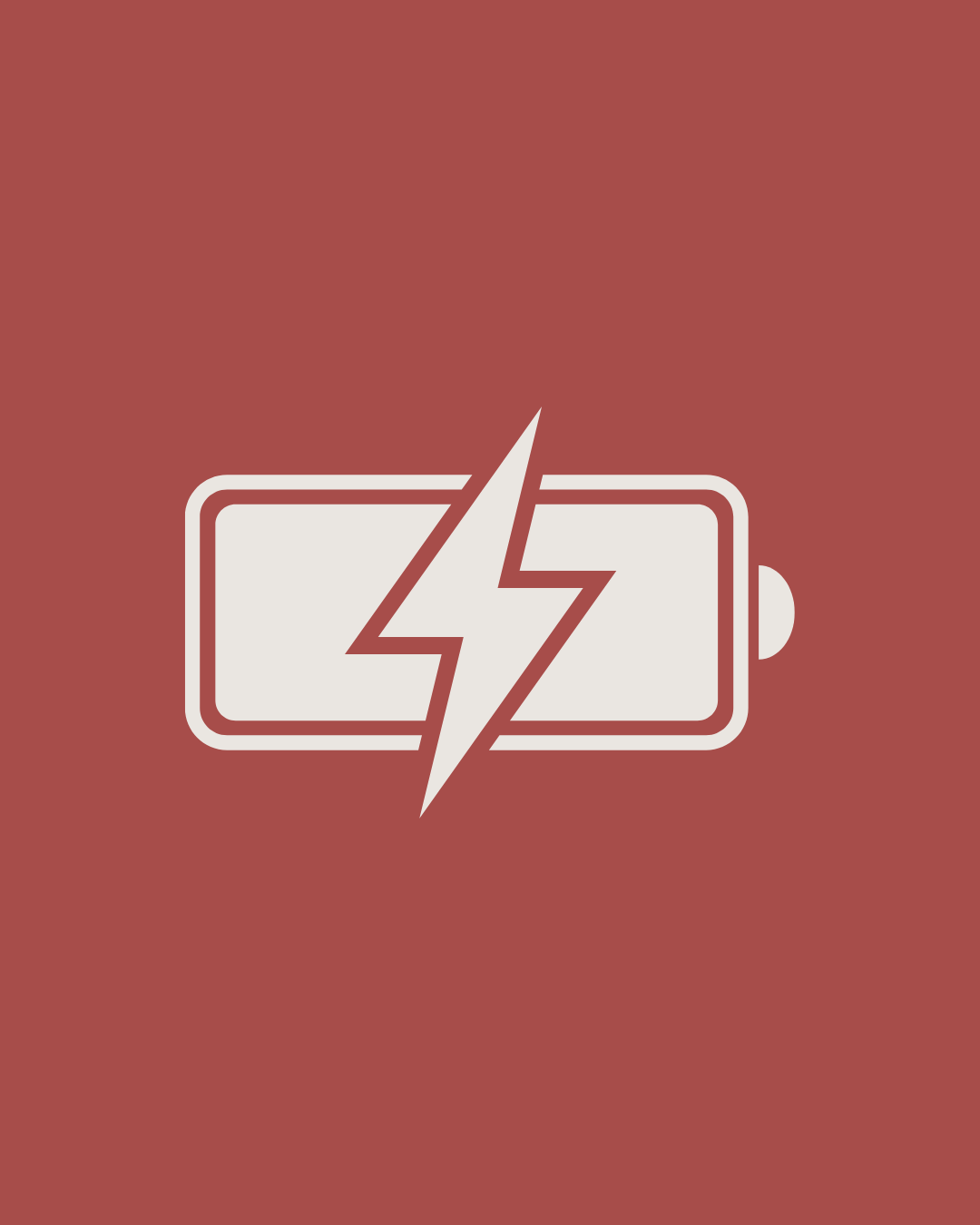 Low battery warning icon with a lightning bolt crossing a battery symbol on a red background.