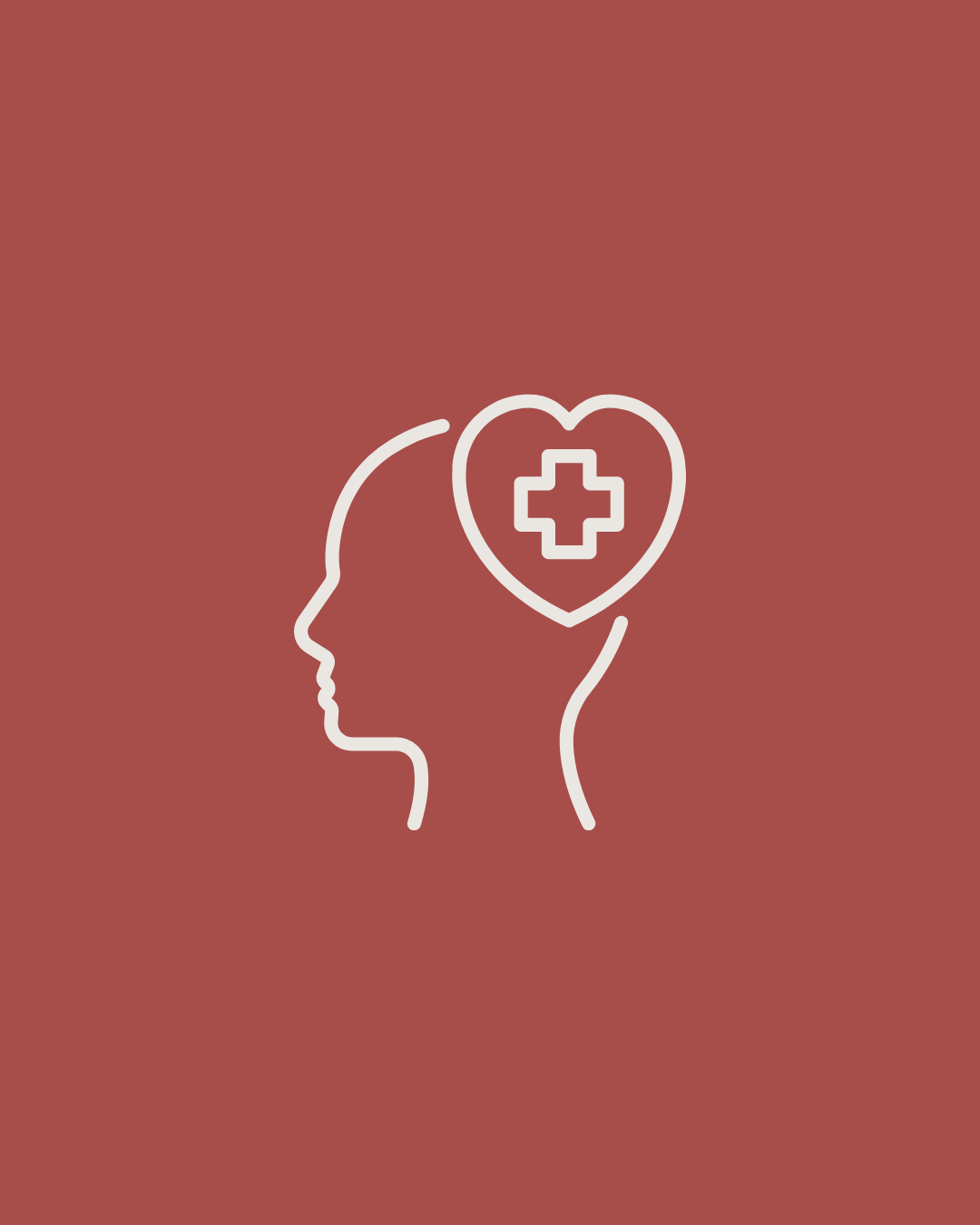 Line drawing of a human head in profile with a heart containing a medical cross inside it, on a muted red background.