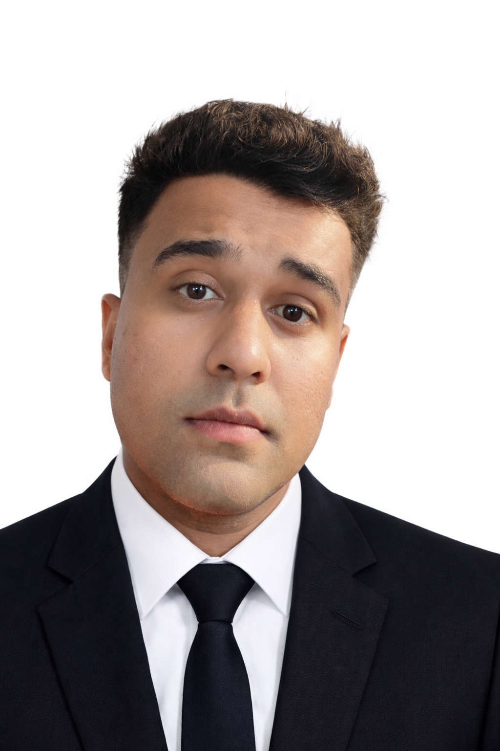 Close-up portrait of a young man with dark hair, wearing a black suit, white shirt, and black tie, against a plain white background.