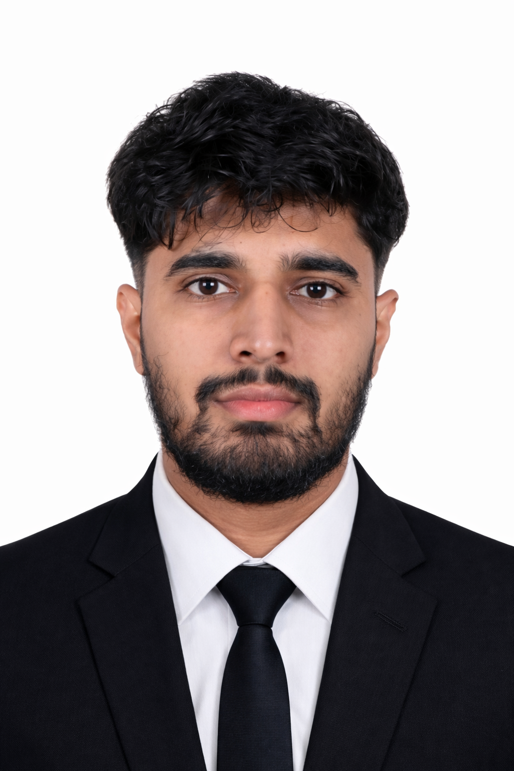 Portrait of a young man with dark hair and beard, wearing a black suit, white shirt, and black tie, against a plain white background.