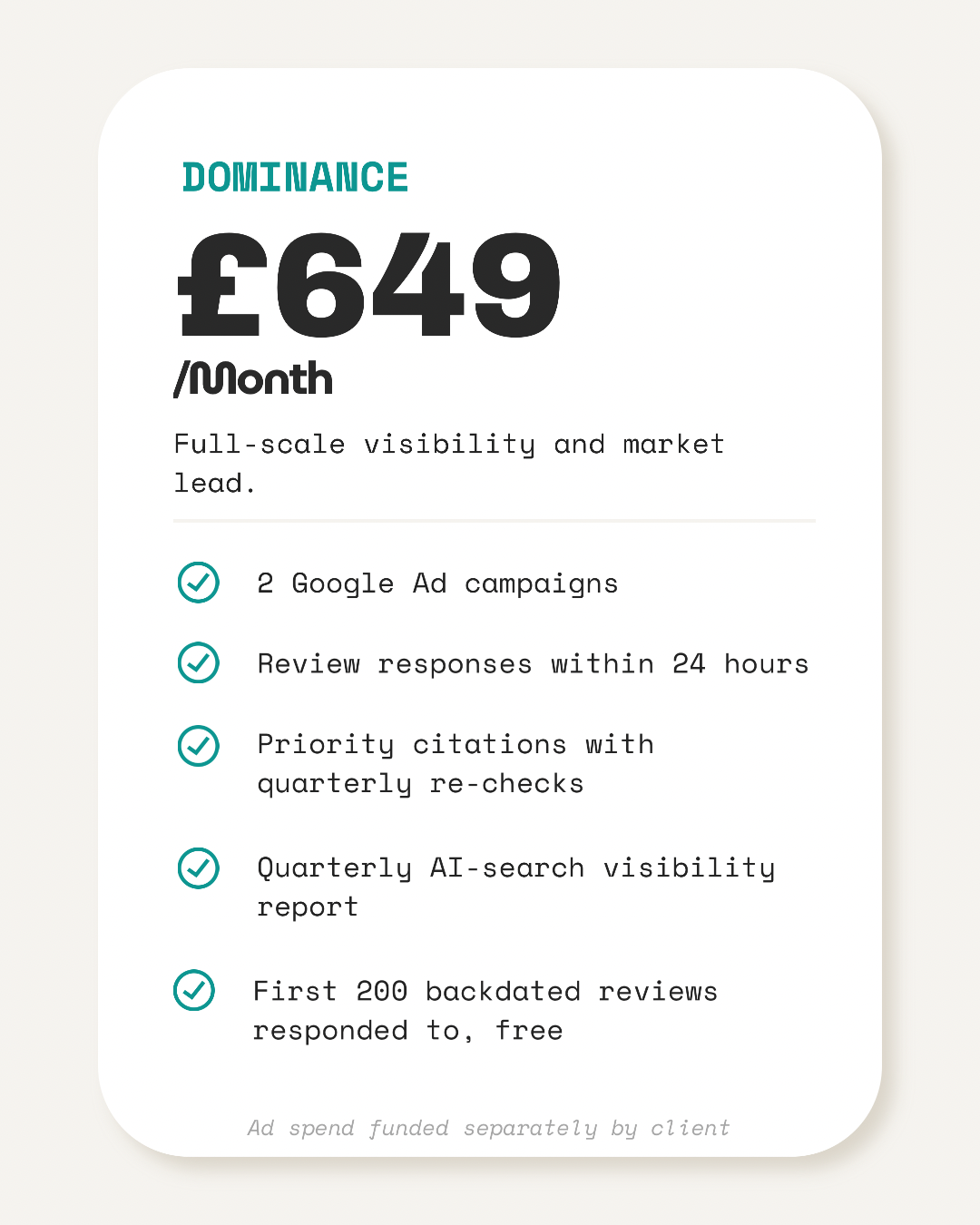 Visaro Dominance plan — £649/month with 2 ad campaigns, priority citations, and AI-search visibility