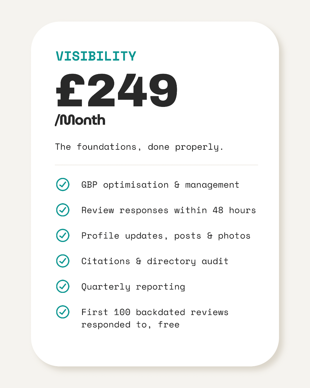 Visaro Visibility plan — £249/month Google Business Profile management, citations, reviews and reporting