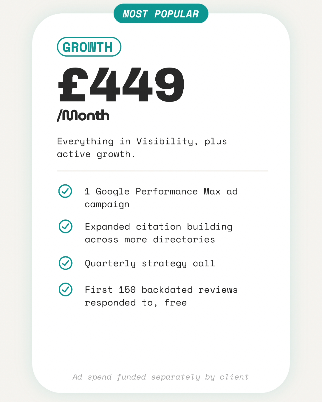 Visaro Growth plan — £449/month with Google Ads, citations, and quarterly strategy calls