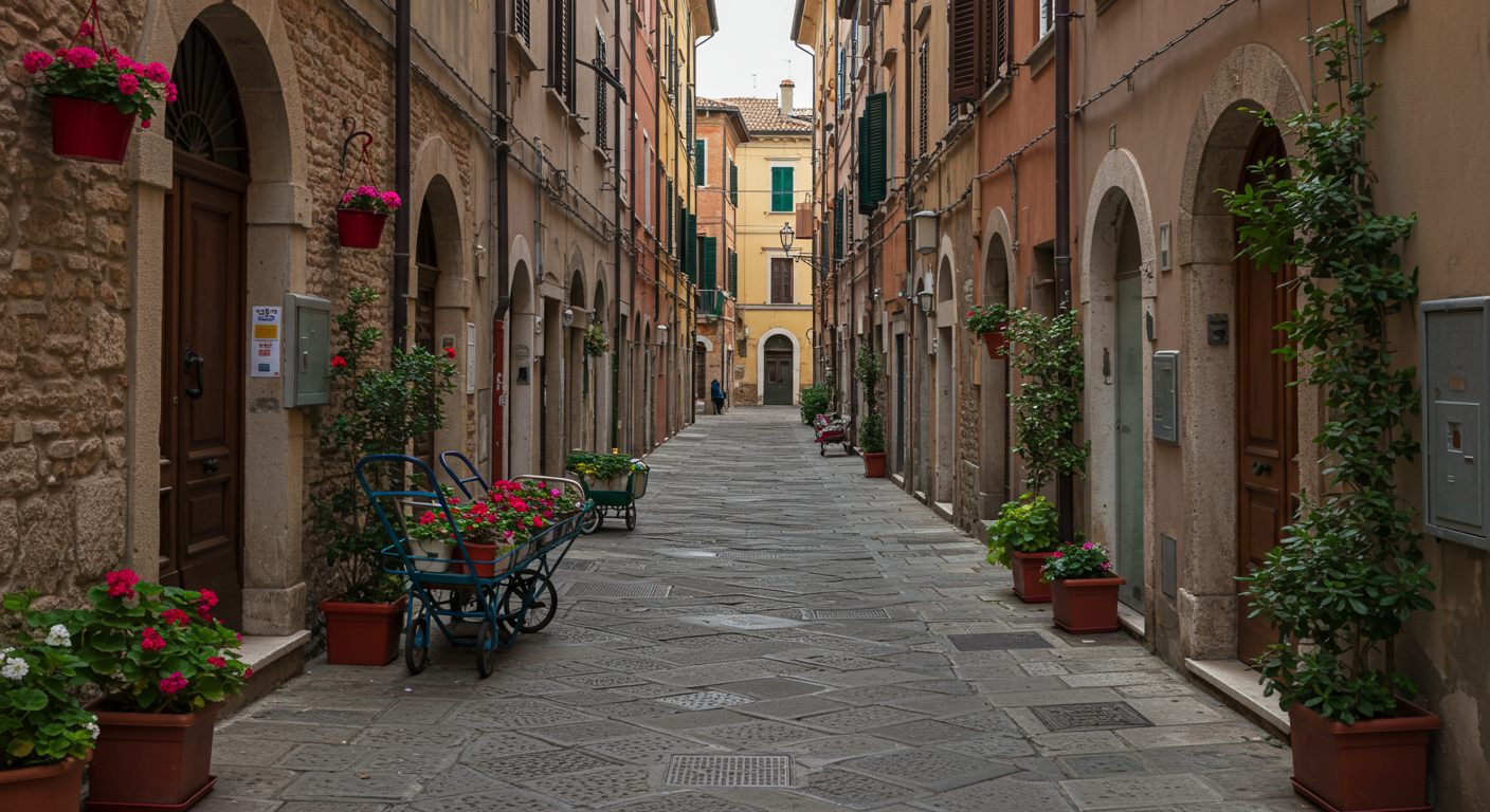 Empty cobblestone street in a European city with potted flowers and shops on both sides, leading to a distant building.