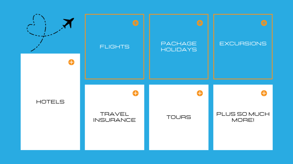 A travel service website homepage with a blue background featuring options for flights, holiday packages, excursions, hotels, travel insurance, tours, and more.