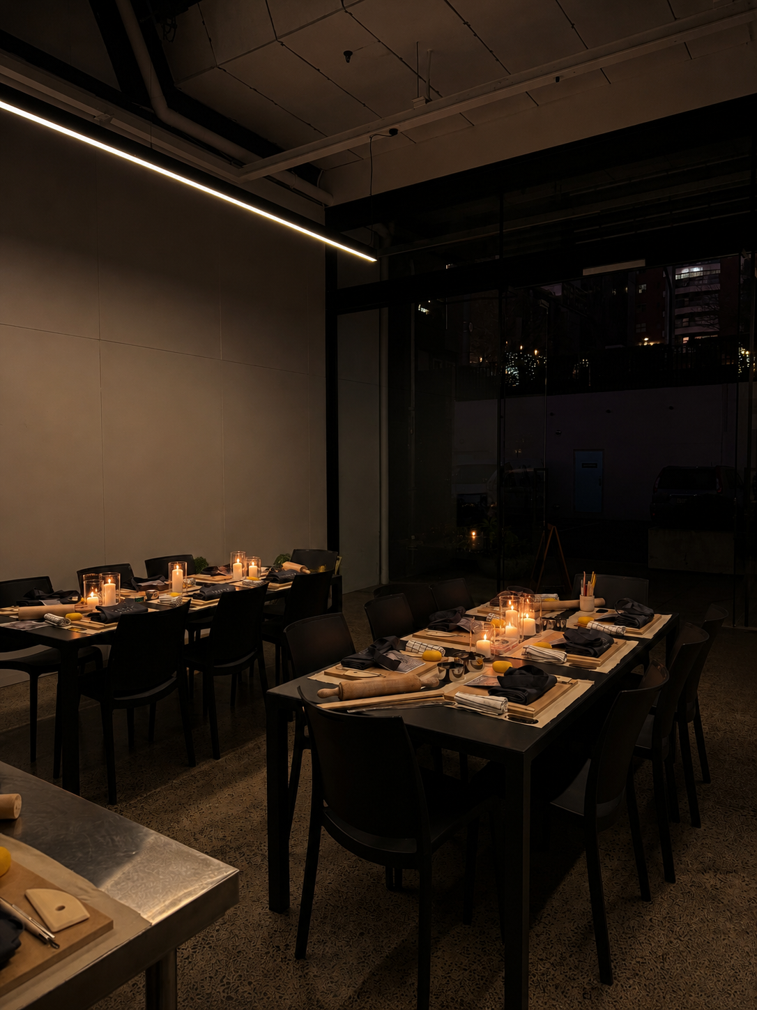A dimly lit restaurant or event space with two long dining tables set for a meal. The tables are decorated with candles, black napkins, and placemats, and are arranged with utensils, plates, and small decorative items. The room has a modern, minimalist design with a high ceiling, exposed pipes, and large windows showing a nighttime cityscape outside.