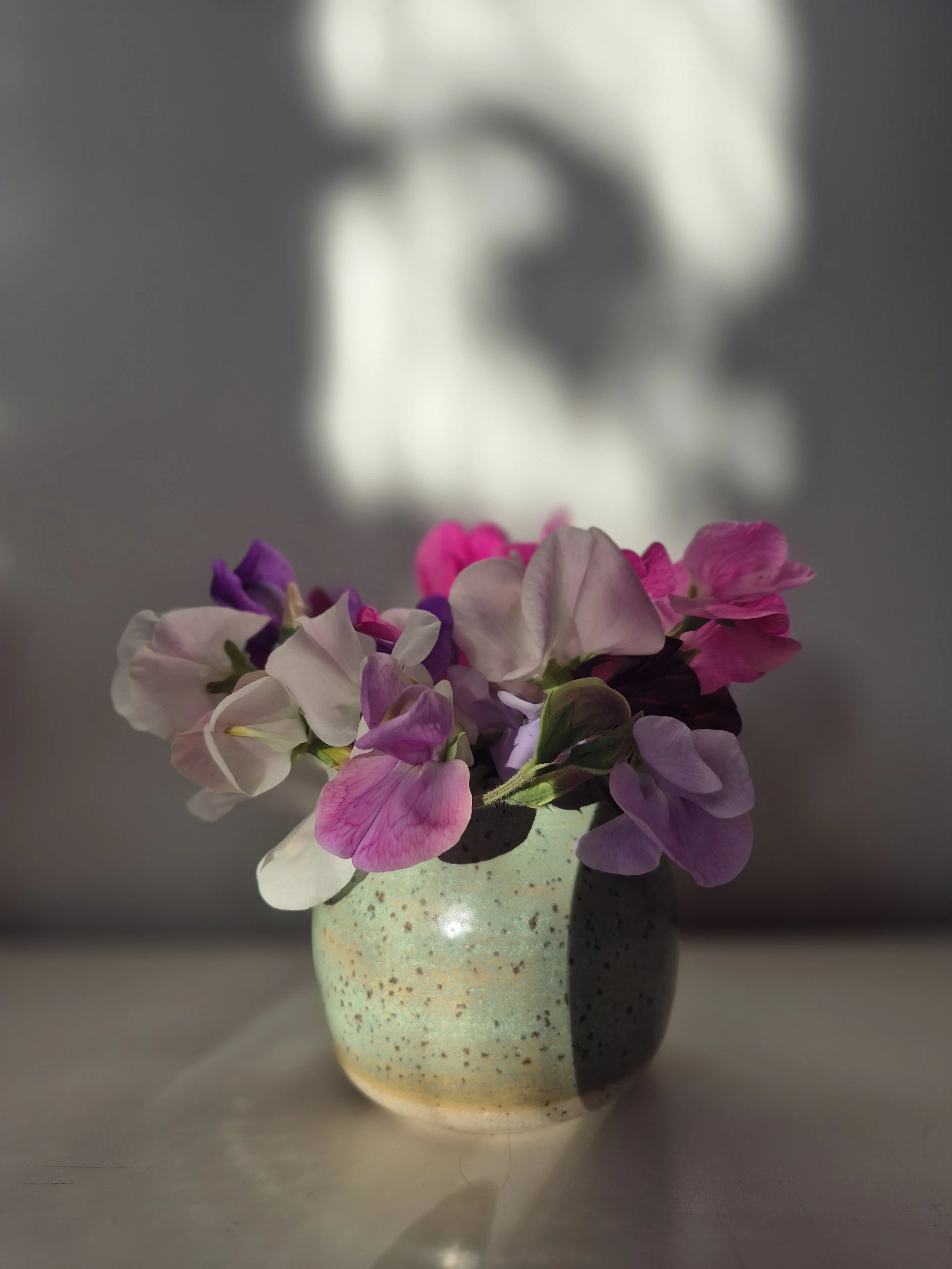 Pink, purple, white, and cream-colored flowers arranged in a speckled ceramic vase with a light background made by Gail Pettit from Pettit Ceramics, Auckland, New Zealand.