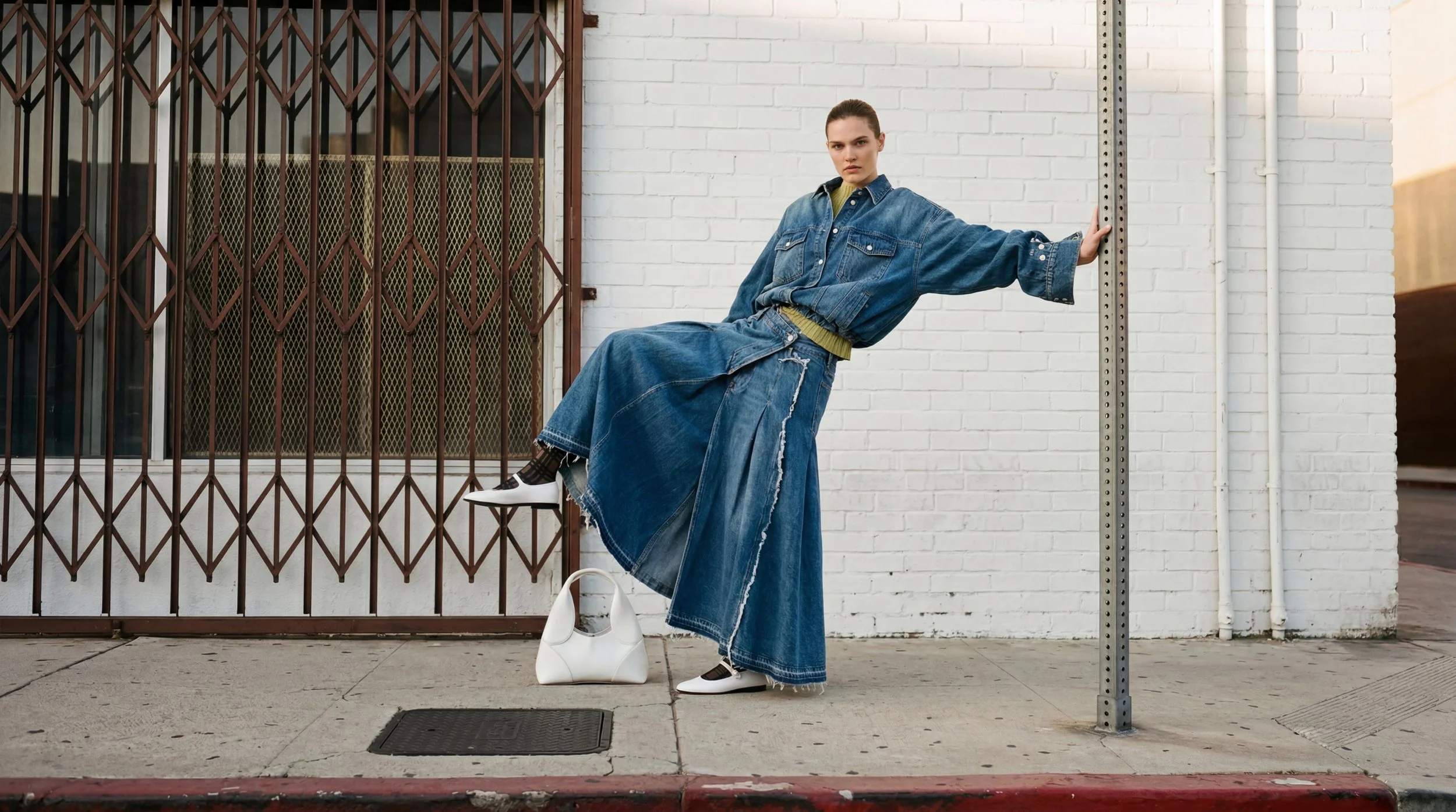 A woman wearing oversized denim jacket and wide-leg jeans, leaning against a pole on a city sidewalk. She has one foot propped on a small white handbag on the ground and is looking at the camera with a serious expression.