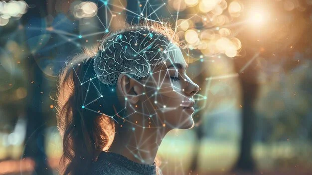 Side profile of a woman with a digital overlay of a glowing brain and neural connections on her head, outdoors with sunlight filtering through trees.