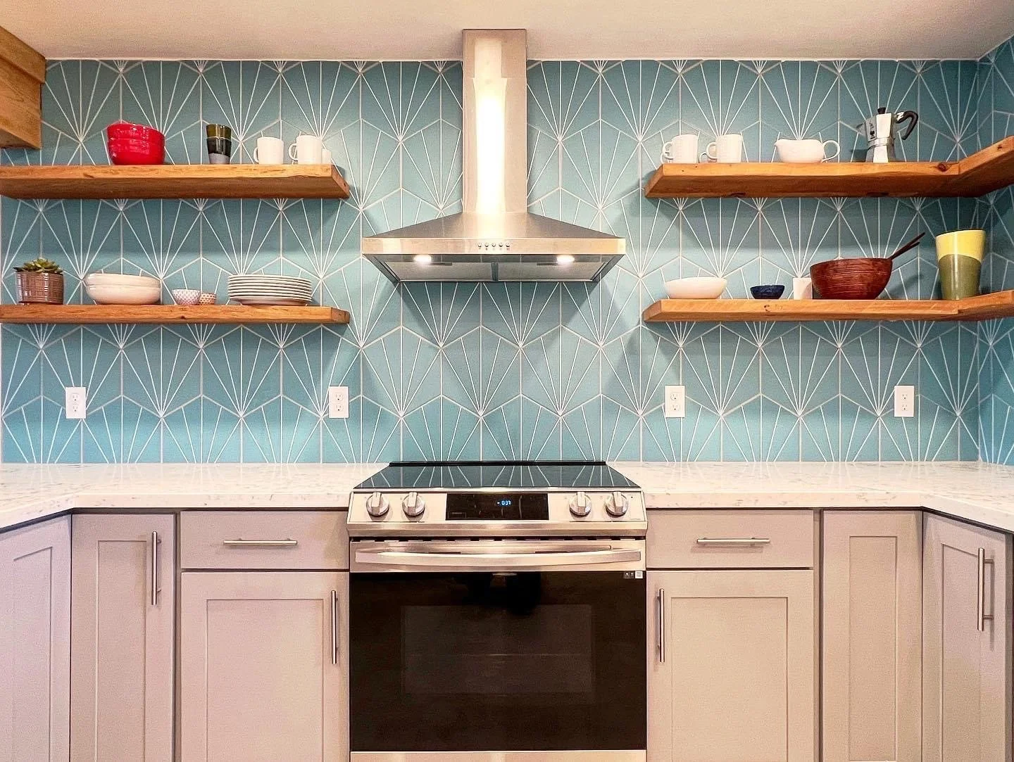 Beautiful and fun Beacon Hill, Seattle kitchen remodel with blue backsplash and reclaimed wood open shelving.
