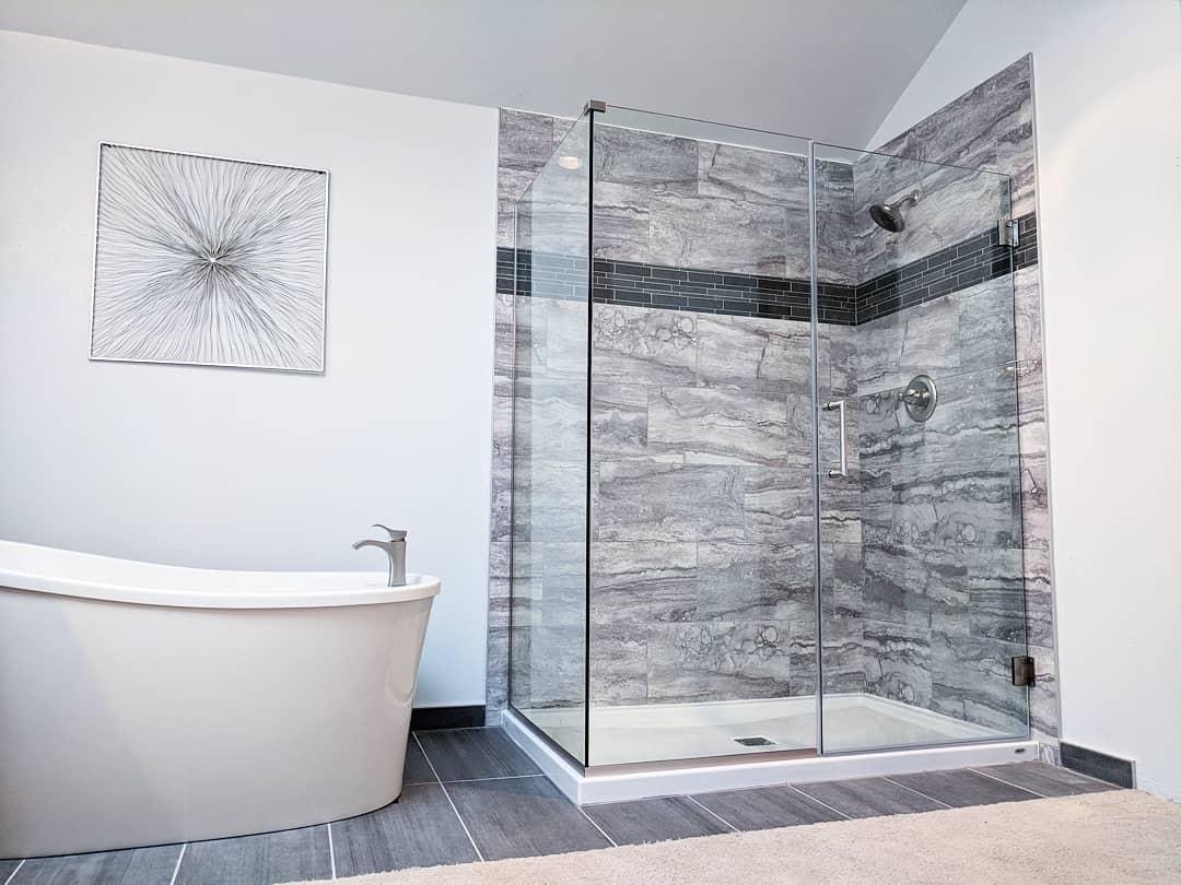 Elegant and spa-like Kirkland main bath remodel with deep soaking tub.