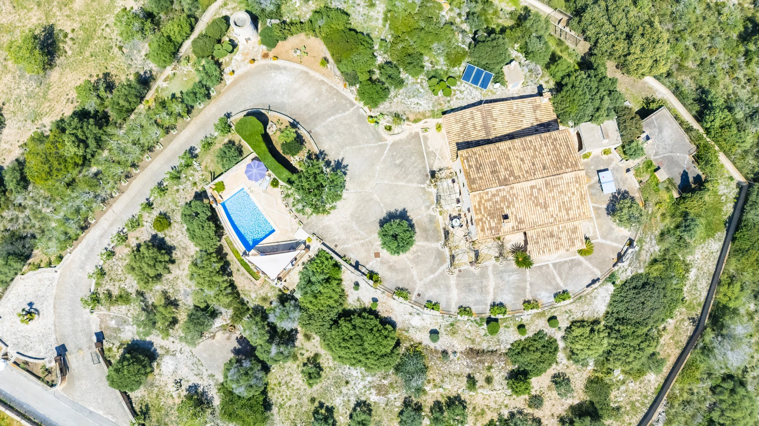 Aerial drone photography of Son Galta Mallorca with private pool and views over Cala Millor coastline